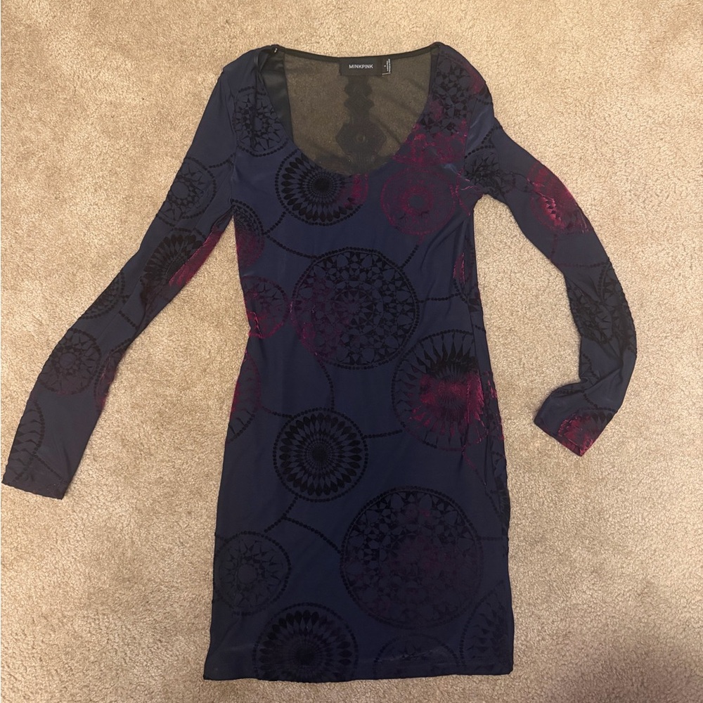 MINKPINK Navy and Burgundy Long Sleeve Dress